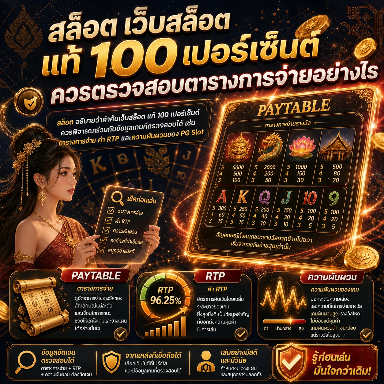ภาพประกอบเชิงบรรณาธิการเกี่ยวกับการอ่านตารางการจ่าย ค่า RTP และความผันผวนของเกมสล็อต